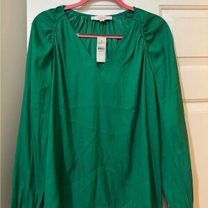 LOFT Green Ruched Long Sleeve Blouse